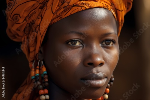 Portrait of a beautiful young African woman wearing an orange turban. © Ai