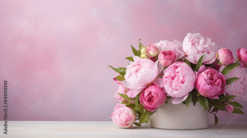 Gorgeous soft pink peonies showcased in a cream vase, creating a romantic and fresh ambiance on a wooden surface Gorgeous soft pink peonies showcased in a cream vase, creating a romantic and fresh ambiance on a wooden surface