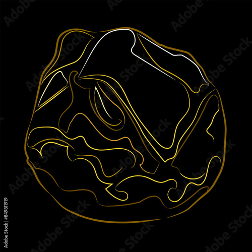 Color line art of natural gold nugget on black background. 
Vector illustration of a gold nugget with a natural uneven shape and a shiny surface. Mining, investment in precious metals, jewelry