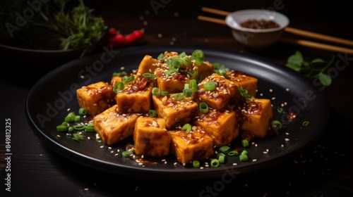 A flavorful dish of spicy tofu garnished with green onions and sesame seeds, served on a dark rustic table