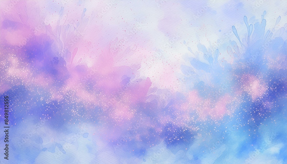 Abstract Watercolor Background with pink splashes on a textured paper, for design, frame, text, etc; blue and purple shiny spots in gouache paint or ink Abstract Watercolor Background with pink splashes on a textured paper, for design, frame, text, etc; blue and purple shiny spots in gouache paint or ink