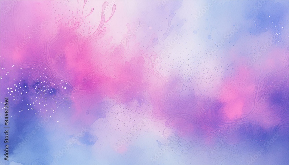 Fototapeta premium Abstract Watercolor Background with pink splashes on a textured paper, for design, frame, text, etc; blue and purple shiny spots in gouache paint or ink