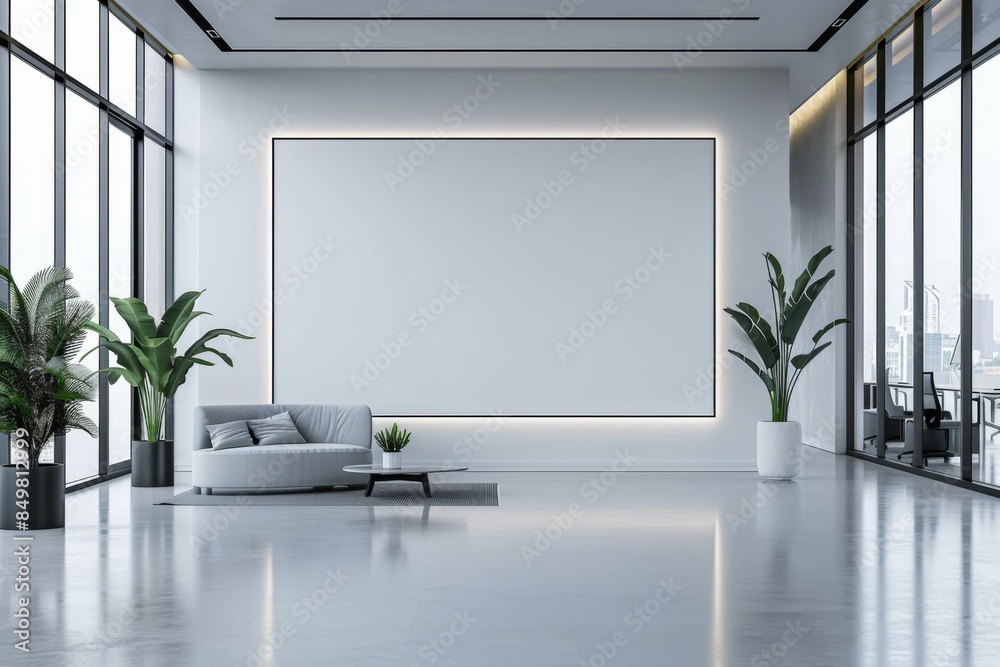 Mockup of blank wall with poster in office room created with Generative AI Mockup of blank wall with poster in office room created with Generative AI