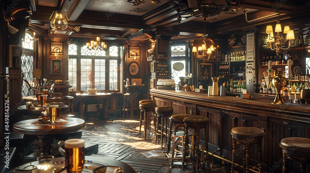 Traditional English pub with dark wood and brass details, pint of ale on the bar, cozy and inviting Traditional English pub with dark wood and brass details, pint of ale on the bar, cozy and inviting