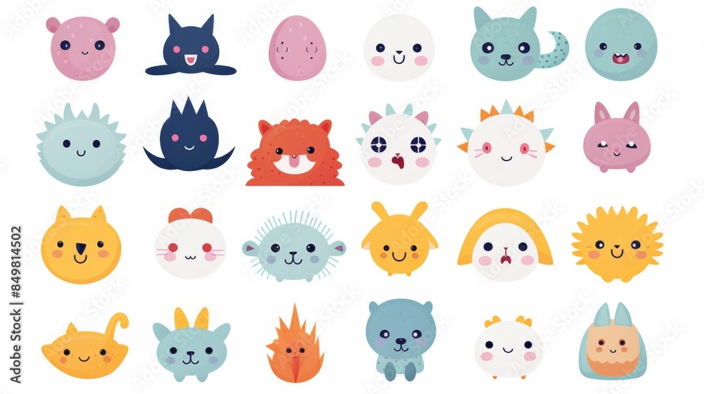 Collection of friendly monster characters designed with soft pastel tones ideal for children's themes