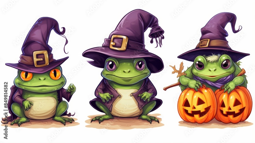 Three cartoon frogs dressed as witches for Halloween with pumpkins and magic wand Three cartoon frogs dressed as witches for Halloween with pumpkins and magic wand