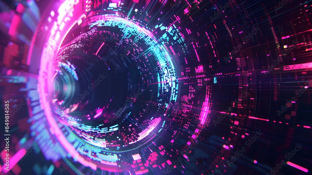 Obraz premium Glitch circle. Distorted glowing circle cyberpunk style. Futuristic round shape with TV interference effect. Design for promo music events, games, web, banners, backgrounds. 