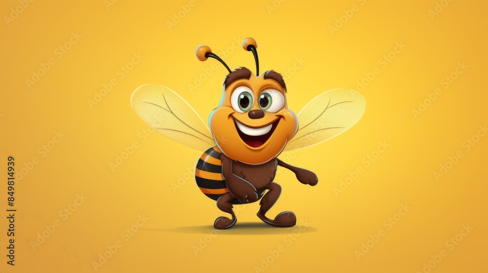 Obraz premium A cheerful cartoon bee with big eyes and a friendly smile set against a vibrant yellow background, evoking a feeling of happiness and playfulness