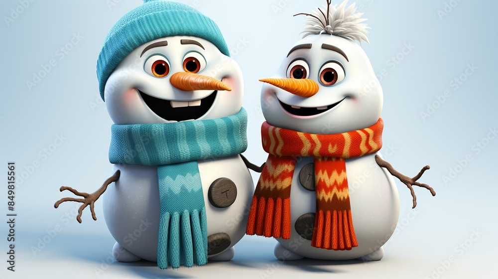 Snowman duo engaging in a friendly game of tug-of-war with a scarf, their carrot noses wiggling with excitement. 3d render cartoons character, full body, Isolate on white background, Center image, Snowman duo engaging in a friendly game of tug-of-war with a scarf, their carrot noses wiggling with excitement. 3d render cartoons character, full body, Isolate on white background, Center image,