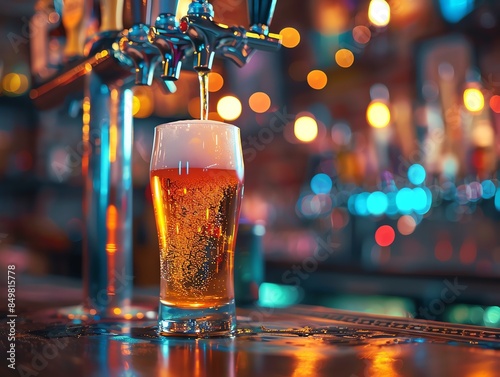 Close-up of a beer tap with a pint glass being filled, bustling bar atmosphere with colorful lights photo