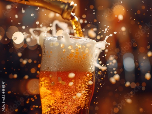 Close-up of beer being poured into a glass, dynamic and frothy, bright and lively bar background