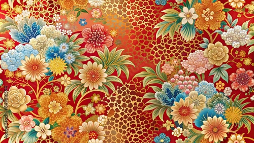 Imitation Tsugaru lacquer style wallpaper with intricate patterns and vibrant colors, Tsugaru, lacquer, traditional photo