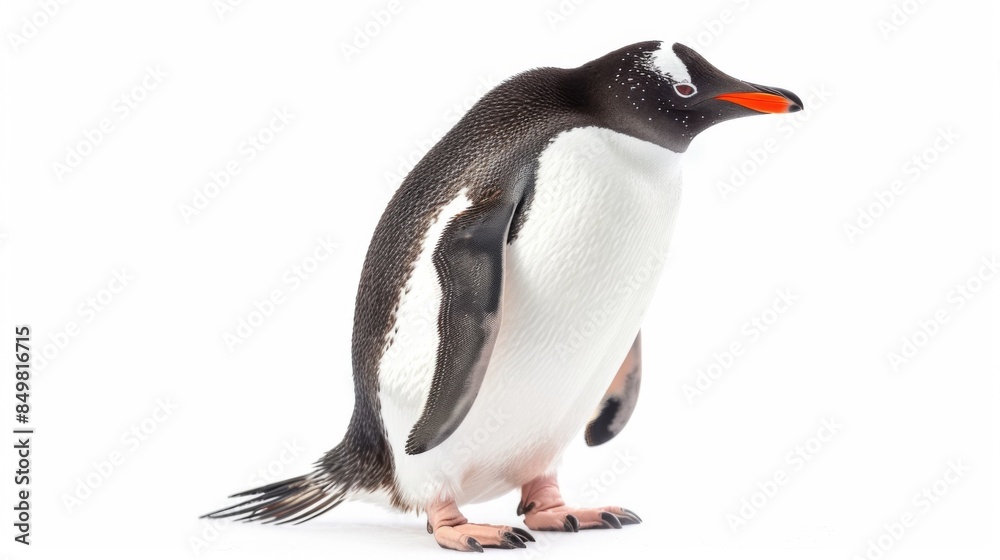 Naklejka premium Gentle Gentoo penguin turning its head looking back, isolated on white background