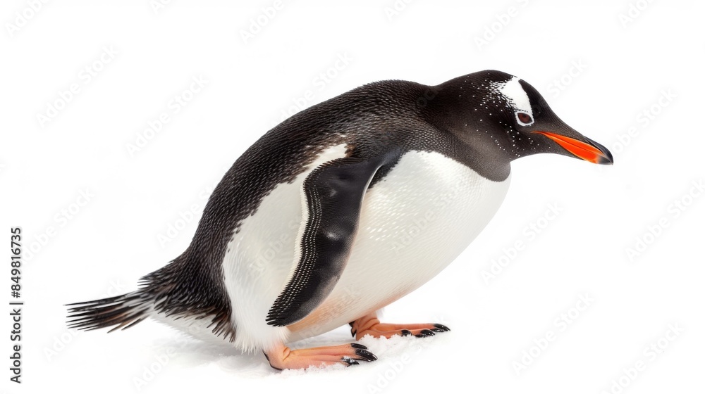 Fototapeta premium Captivating Gentoo penguin with head tilted in an inquisitive posture on white