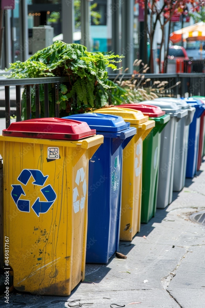 Sustainable Waste Management: Color-Coded Recycling Bins in Urban Landscape Sustainable Waste Management: Color-Coded Recycling Bins in Urban Landscape