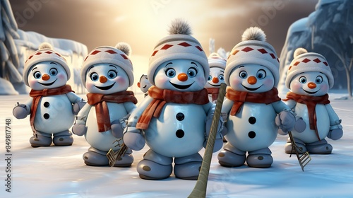 Group of snowmen and snowwomen engaged in a spirited game of ice hockey, gliding across the frozen pond with skill and finesse. 3d render cartoons character, full body, Isolate on white background, photo