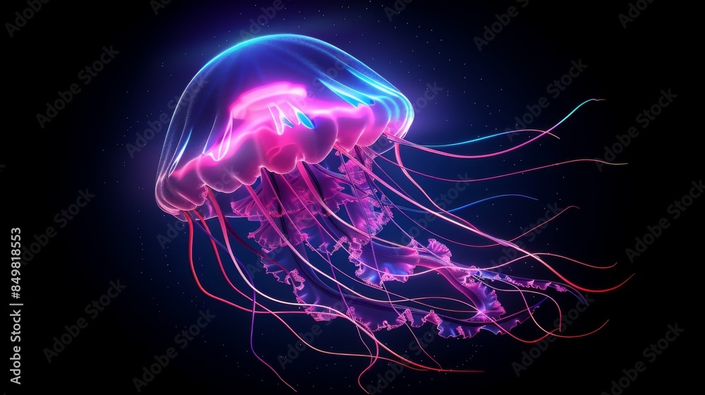 Striking digital art of a pink jellyfish glowing with bioluminescent colors against a dark space Striking digital art of a pink jellyfish glowing with bioluminescent colors against a dark space