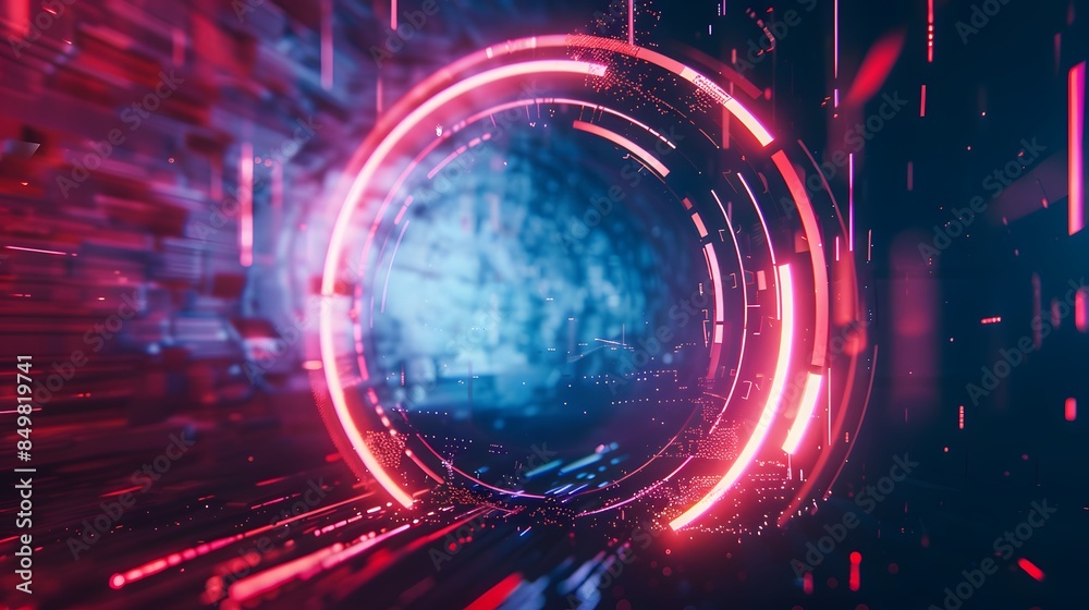 Obraz premium Glitch circle. Distorted glowing circle cyberpunk style. Futuristic round shape with TV interference effect. Design for promo music events, games, web, banners, backgrounds. 