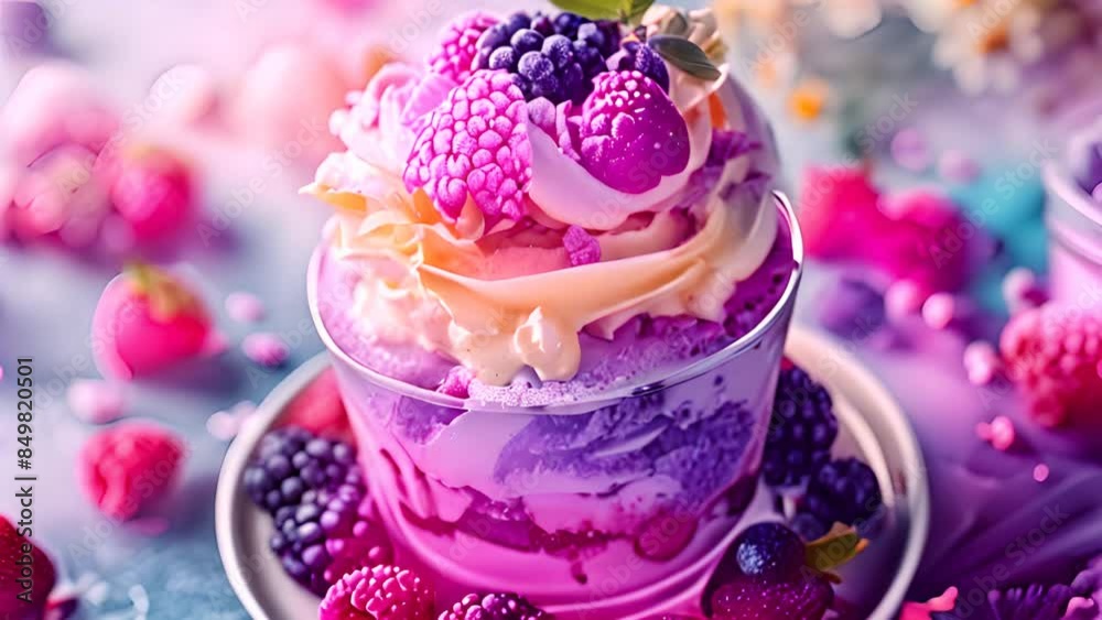 Delicious Berry Ice Cream Dessert Closeup with Ai generated.
Delicious Berry Ice Cream Dessert Closeup with Ai generated.