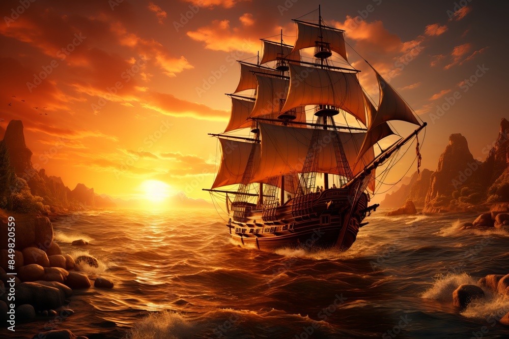 Obraz premium The golden sunset illuminates the calm ocean, showcasing a vintage ship sailing gracefully with billowing sails, capturing the beauty of nature and maritime adventure. Digital painting.