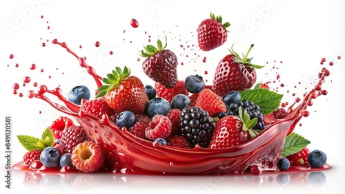 Fresh juicy berry fruit mix splash with waves of red multifruit juice on white background, strawberry, raspberry, blackberry photo