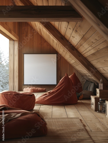 Cozy Attic Hideaway with Large Window, Bean Bag Chairs, and Rustic Wooden Interior Perfect for Relaxation and Scenic Views photo