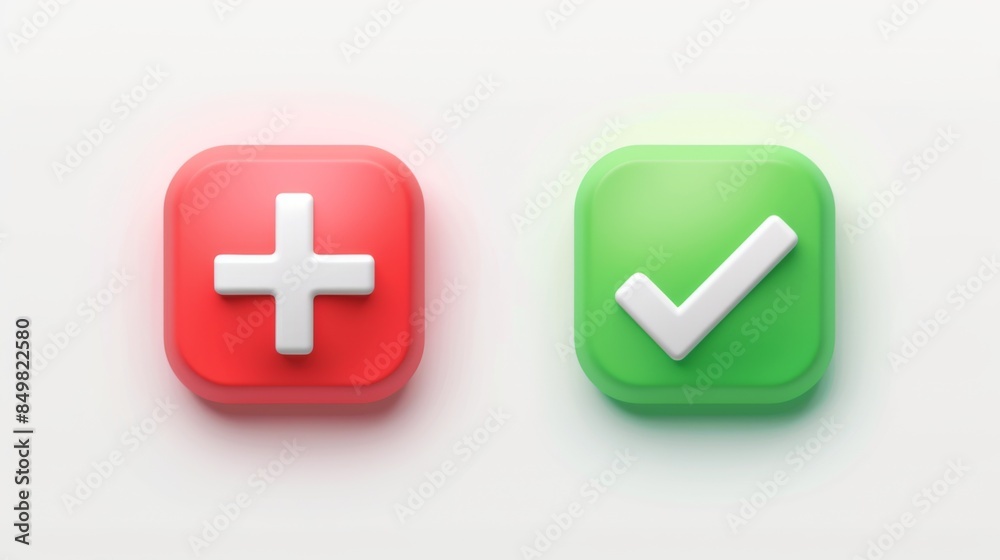 Fototapeta premium A pair of bright red and green 3D icons of a plus and check mark in a minimalistic design