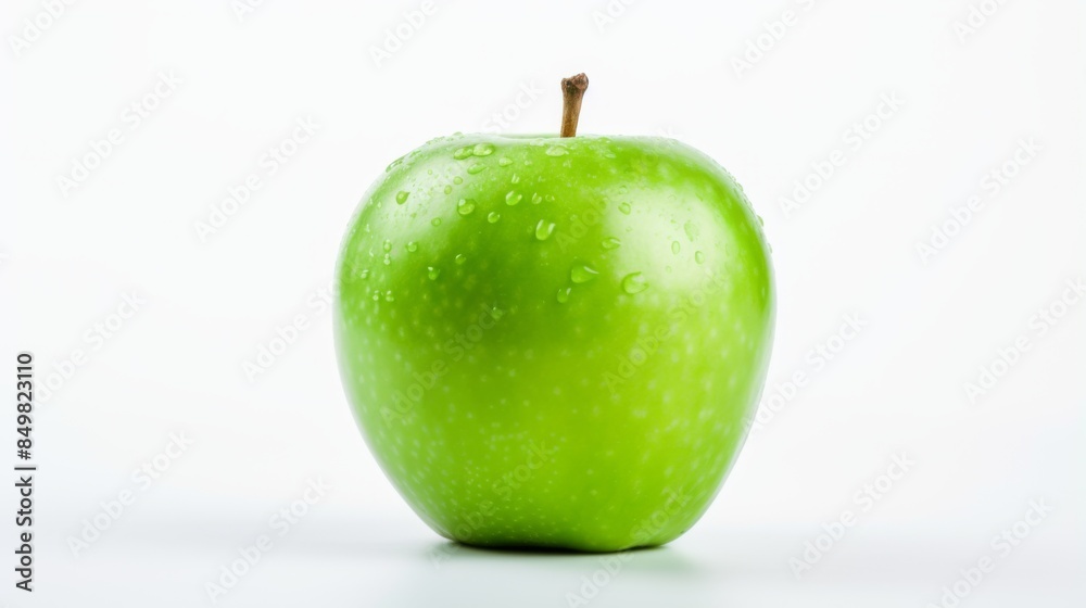 A fresh green apple with water drops vividly standing out on a white background, showcasing its freshness A fresh green apple with water drops vividly standing out on a white background, showcasing its freshness