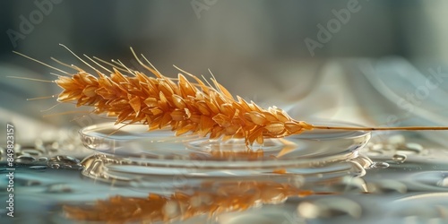 A golden wheat ear in a glass dish with the reflection of both photo