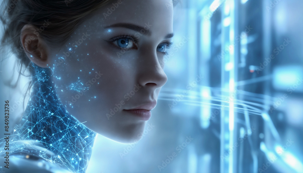 Artificial intelligence female robot head with an abstract tech background. Room for copy. Artificial intelligence female robot head with an abstract tech background. Room for copy.
