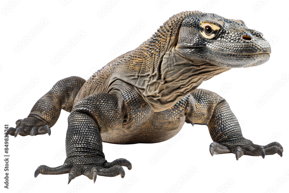 A close-up shot of a Komodo dragon in a studio setting, showcasing its textured skin and alert stance. A close-up shot of a Komodo dragon in a studio setting, showcasing its textured skin and alert stance.
