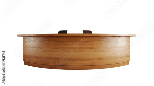 A modern, wooden reception desk with a curved design, perfect for offices, hotels, or business environments, providing a sleek and professional welcome.