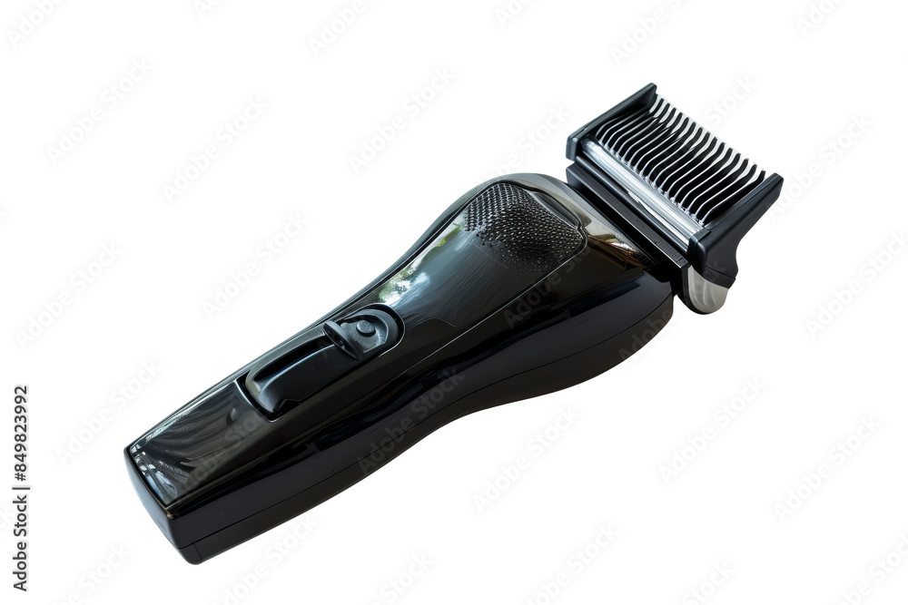 Close-up of a modern electric hair trimmer with stainless steel blades, isolated on a white background. Perfect for grooming and hair care. Close-up of a modern electric hair trimmer with stainless steel blades, isolated on a white background. Perfect for grooming and hair care.