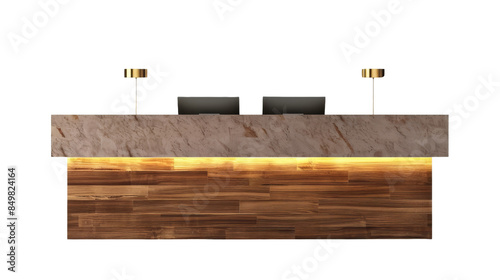 Elegant reception desk with modern lighting, perfect for office or hotel lobbies. Stylish and functional furniture for professional environments.