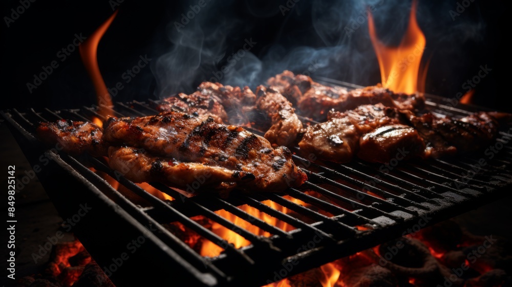 Close-up view of various meat cuts cooking on a smoky grill with glowing embers