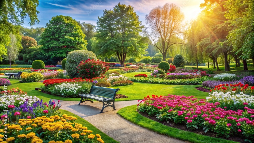 Lush greenery and colorful blooms in a peaceful park setting , spring ...