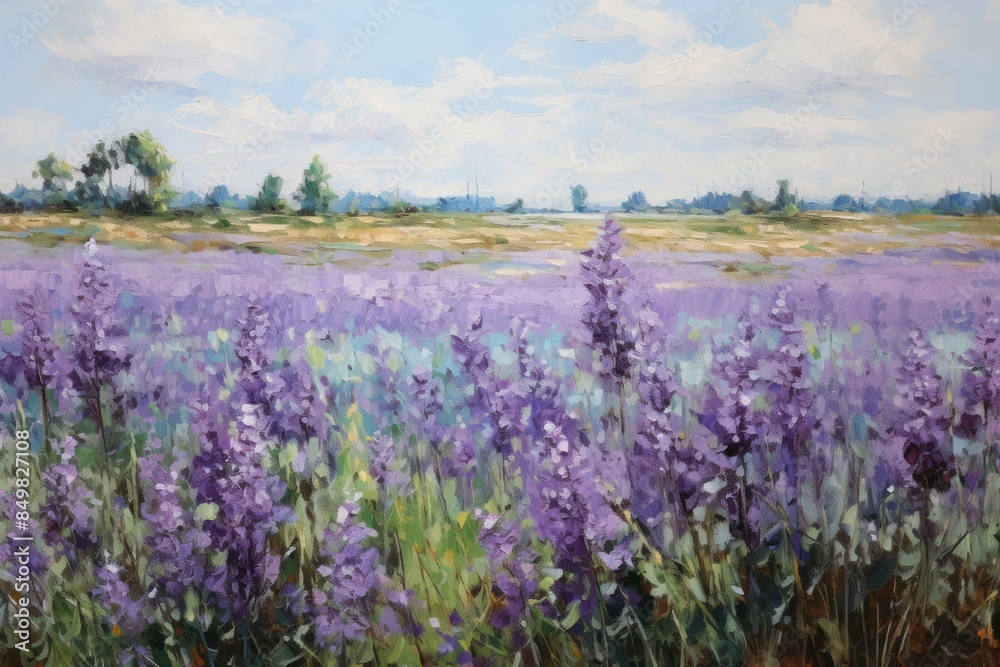 Field of purple flowers painting landscape lavender. Field of purple flowers painting landscape lavender.