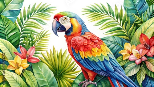 Watercolor of a colorful macaw parrot with tropical leaves and flowers , tropical, bird, exotic, vibrant