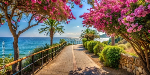 Tranquil seaside stroll through a blossomed Mediterranean path, seaside, stroll, blossomed, Mediterranean, path, nature photo