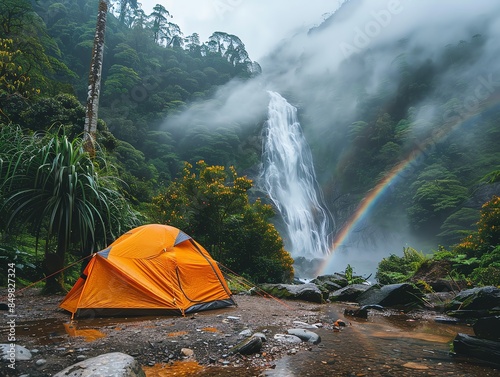 A tent pitched next to a waterfall, with mist rising and a rainbow visible in the background