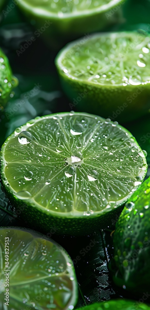 Closeup of fresh juicy lime slices with water droplets on green background Closeup of fresh juicy lime slices with water droplets on green background