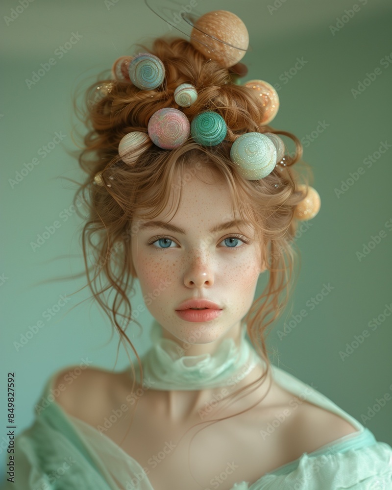 Naklejka premium A young girl surrounded by 3D model planets representing the solar system orbiting around her head. 