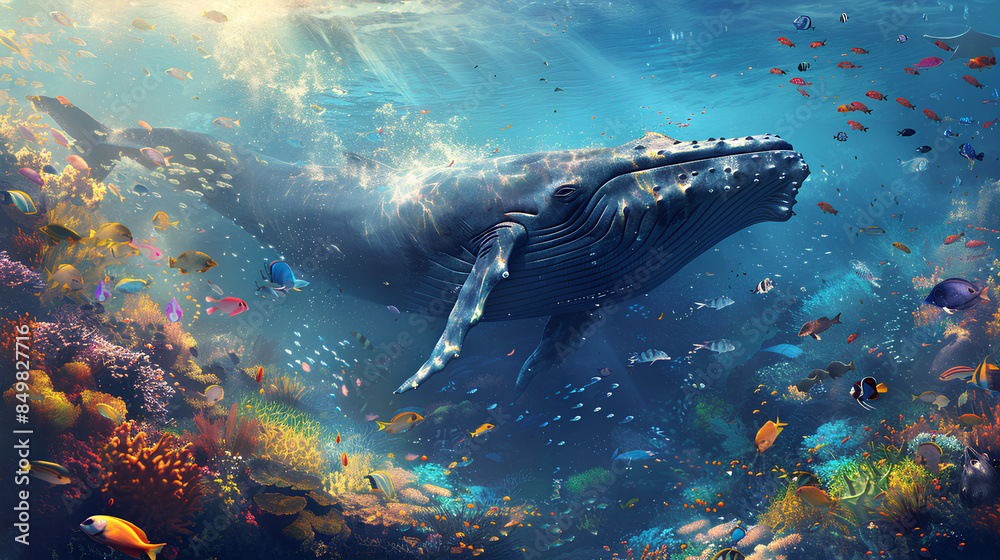 Fototapeta premium Majestic Blue Whale Swimming Gracefully Through Vibrant Coral Reef