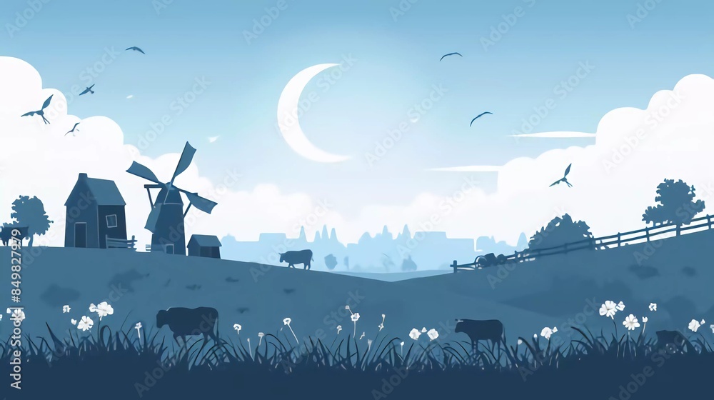 Rural landscape vector illustration. Farm silhouette landscape with ...