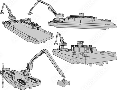 Vector illustration sketch of industrial crane pontoon boat design for dredging mud in rivers