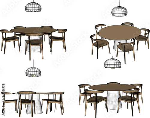 Vector illustration sketch of interior design drawing of dining table and chairs for small family