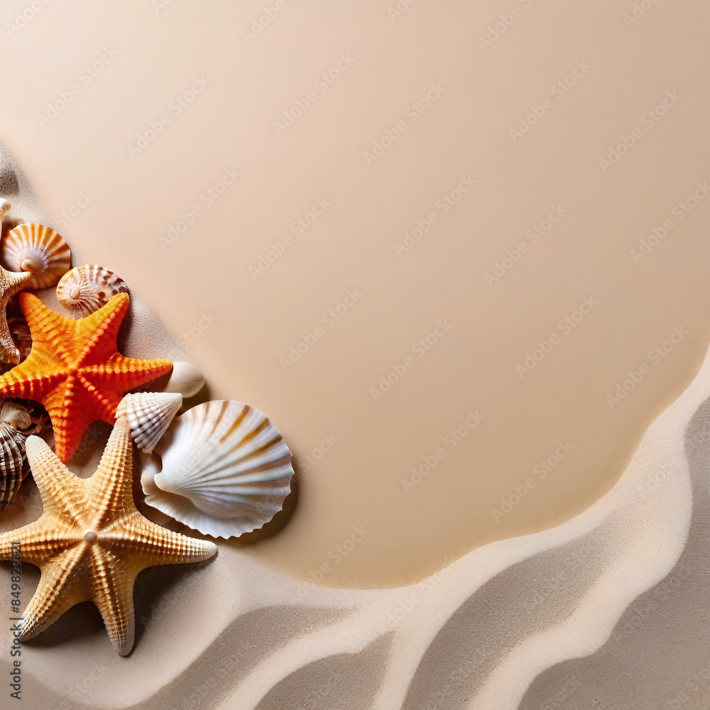 Summer concept background with a copy space with shells and starfish on the sand Summer concept background with a copy space with shells and starfish on the sand