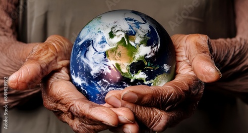 Dos manos sujetando el globo del planeta tierra, concepto del cuidado ambiental  photo