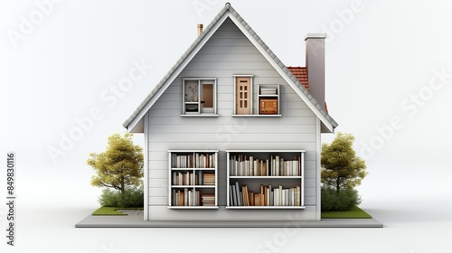 Small minimalist house with a built-in bookshelf or storage wall, designed to save space and reduce clutter, depicted against a white background. 3d Clipart, Isolate on white background, Center image,