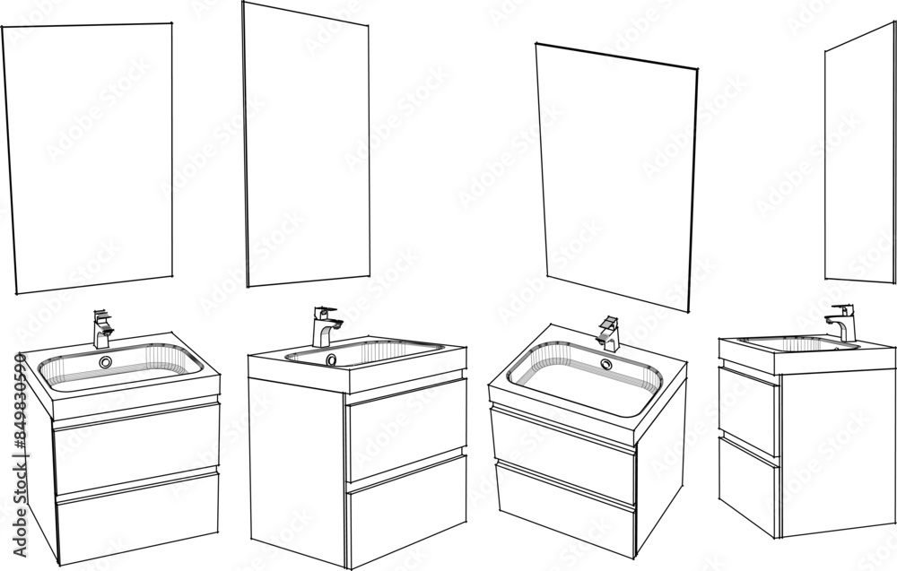 Vector illustration sketch of modern hand wash sink furniture interior design drawing with vanity mirror